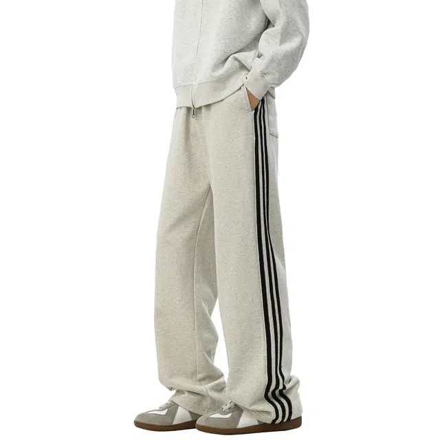帝狼牛 美式高街复古侧边拼接撞色三条杠条纹设计宽松透气舒适亲肤户外运动卫裤百搭潮流时尚垂感拖地直筒阔腿休闲裤 男女同款