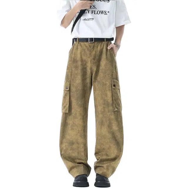 宝米卡 美式扎染脏脏裤宽松直筒休闲工装裤纯棉设计感牛仔裤 男女同款