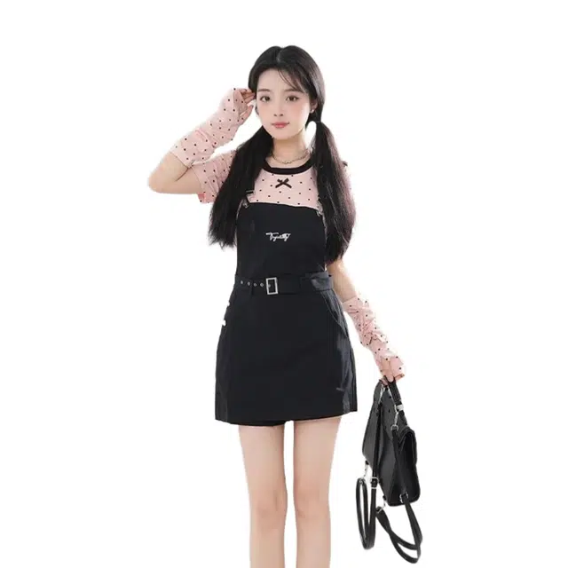 怪力萝莉 字母波点合身适中短袖上衣背带裤时尚穿搭裙装套装 女款