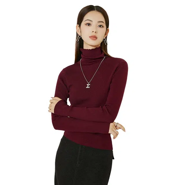 晚白 条纹高领超弹弹力内搭打底长袖针织衫 女款 酒红色