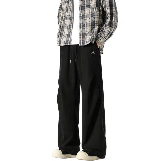 吾皇猫 高街美式复古宽松休闲百搭显高垂感阔腿直筒长裤子褶皱肌理感中腰系带工装加绒加厚保暖卫裤无性别主义灯芯绒针织运动裤 男女同款