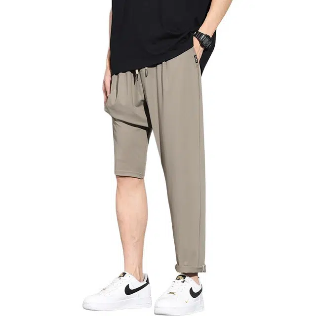 么宁 夏季薄款冰丝纯色垂感弹力舒适透气简约百搭宽松直筒个性痞帅运动休闲裤 男女同款