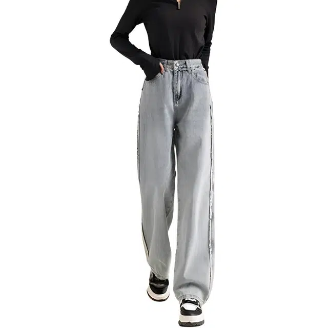 法文箱子 高腰直筒宽松牛仔裤 女款 复古蓝