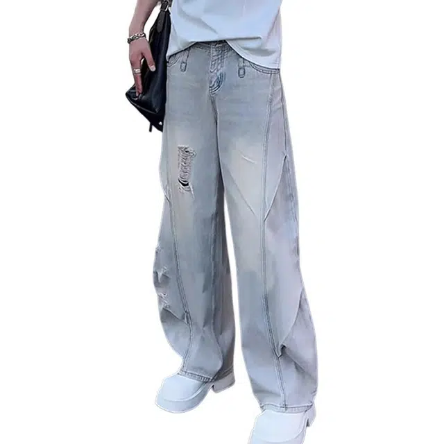 单爵 美式水洗破洞薄款高街直筒宽松牛仔裤 男女同款