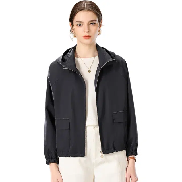 粉红玛琍 简约百搭纯色连帽宽松长袖夹克外套 女款