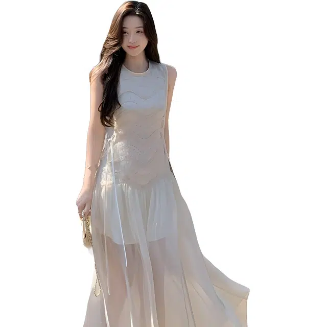 水中花 法式高级感背心温柔白月光气质拼接修身长裙无袖连衣裙 女款