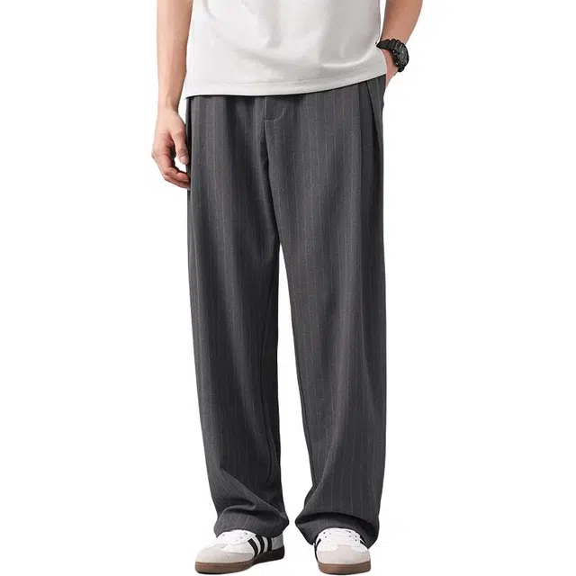 杜克恩 美式透气速干条纹休闲长裤夏季复古高级感拖地垂感顺滑抗皱宽松直筒西装裤 男款