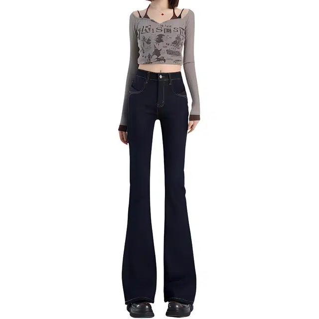 惟熙 加绒加厚高腰修身喇叭长裤牛仔裤 女款 深蓝色