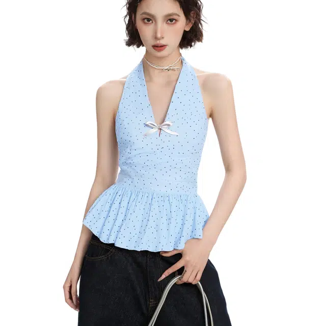 柏黛妃 波点挂脖蝴蝶结小吊带背心 女款