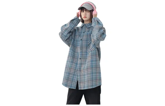 木林森 美式复古单排扣宽松学院风休闲简约长袖衬衫 男女同款 蓝格