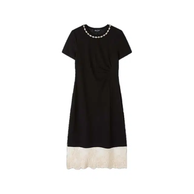 潞优野 蕾丝拼接气质简约波西风小黑裙法式蕾丝收腰短袖连衣裙 女款