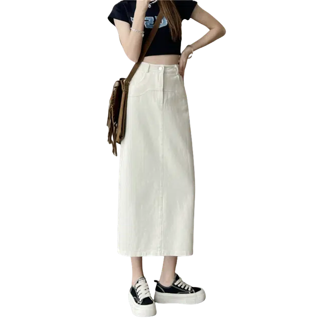 北极绒 后开叉高腰中长款休闲简约牛仔长裙 女款