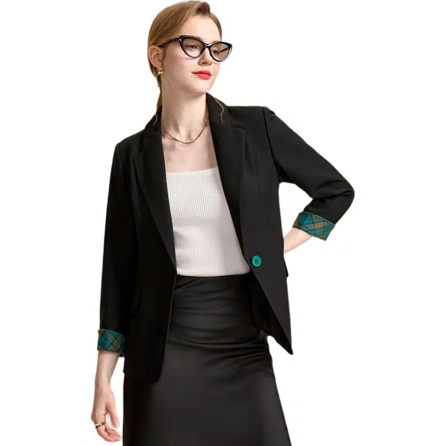 粉红玛琍 纯色简约舒适西装 女款 黑色