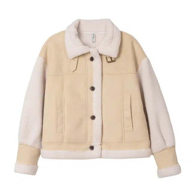 法文箱子 仿羊羔毛拼接时尚设计感百搭翻领绒感外套 女款