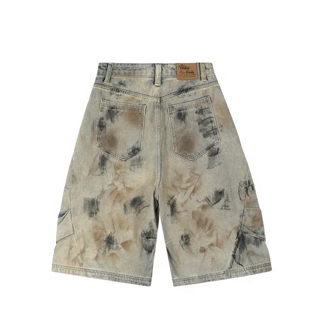 木木兔 设计感小众阔腿美式高街废土风水洗脏染牛仔短裤 男款