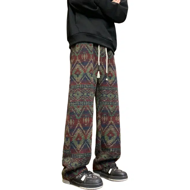 地界二 美式复古慵懒民族风提花格纹潮流个性宽松舒适百搭加厚垂感直筒毛呢针织运动裤 男女同款