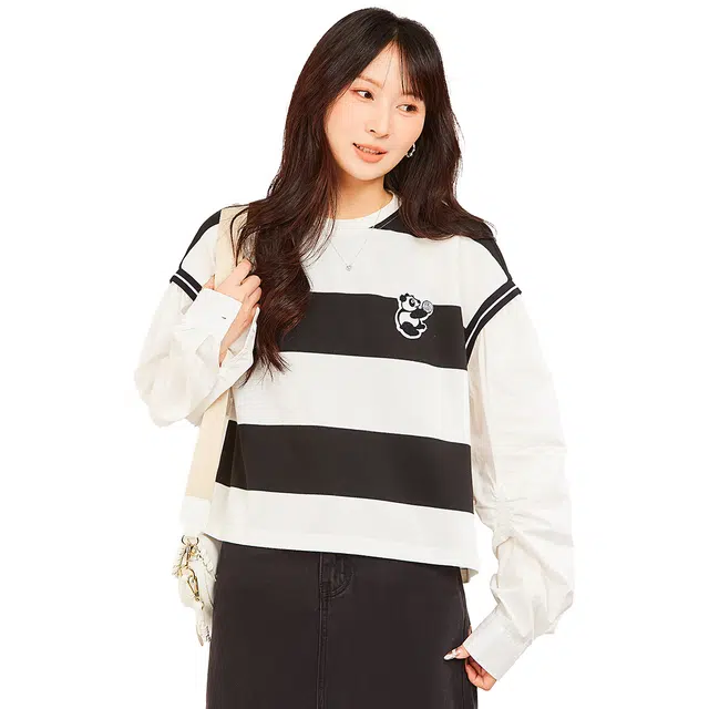 木果果木 条纹拼色设计圆领短款假两件宽松长袖针织衫 女款