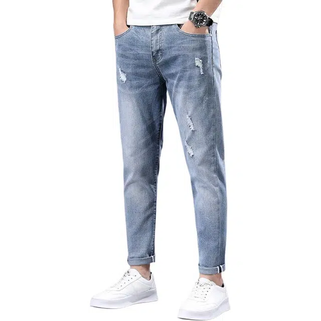 宝米卡 夏季直筒破洞修身直筒裤子休闲九分牛仔裤 男女同款