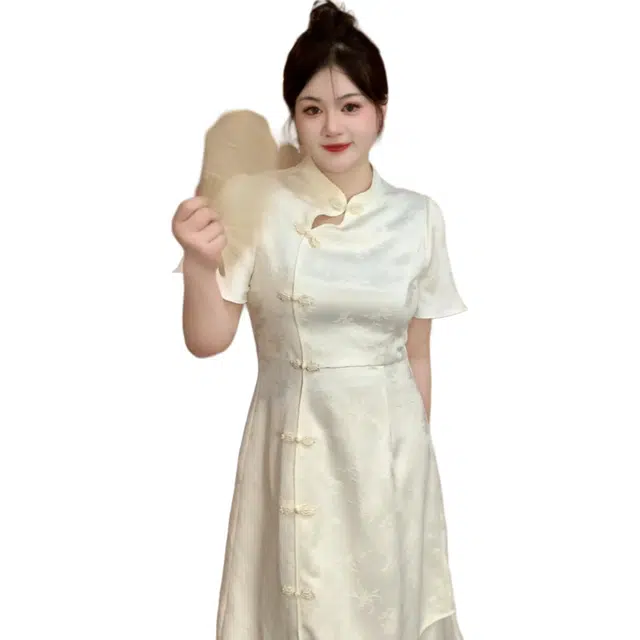 哒头下雨不愁 显瘦设计中式碎花高腰旗袍 女款 杏色