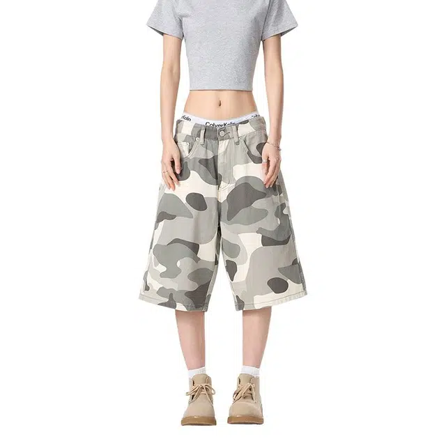 宝米卡 高街复古迷彩美式休闲做旧设计感中裤牛仔裤 男女同款