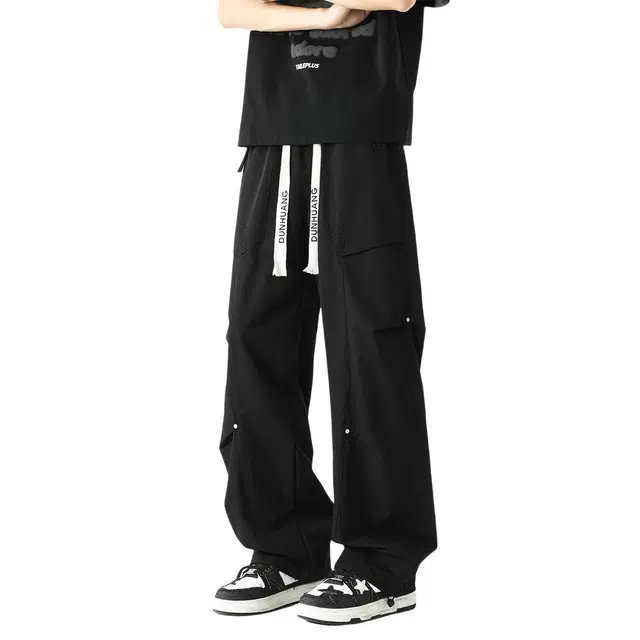 敦煌博物馆 美式户外登山徒步机能风抽绳系带薄款珍珠点透气街头嘻哈大码铆钉褶皱设计感速干宽松直筒百搭拖地休闲裤 男女同款