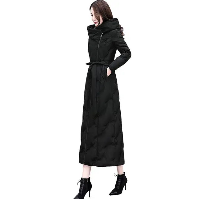 丝柏舍 长款过膝保暖收腰气质纯色简约长袖连帽棉服 女款 黑色