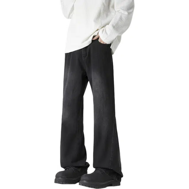 八哥 美式高街风弯刀微喇复古废土水洗做旧中腰提档简约基础款柔软不硬亲肤直筒牛仔裤 男女同款 渐变黑