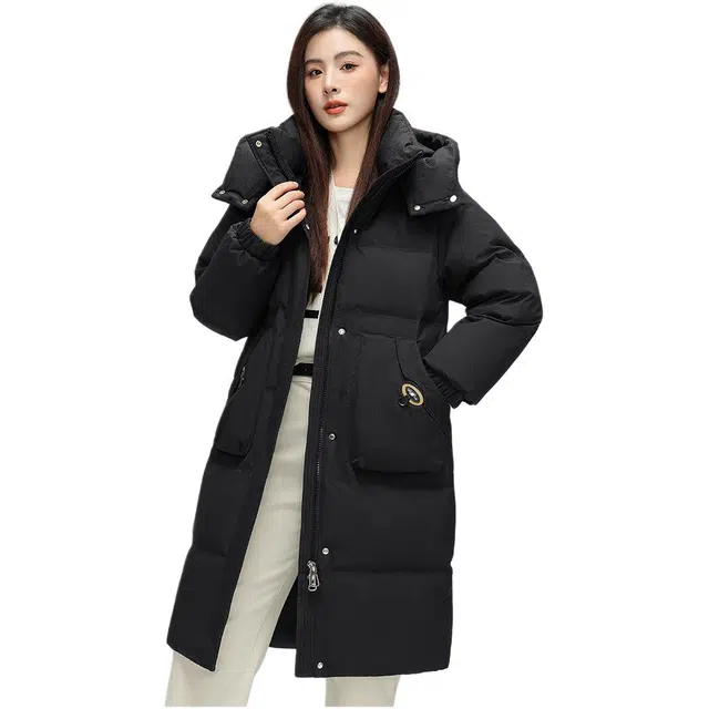 鸭鸭 纯色连帽口袋中长款长袖羽绒服 女款