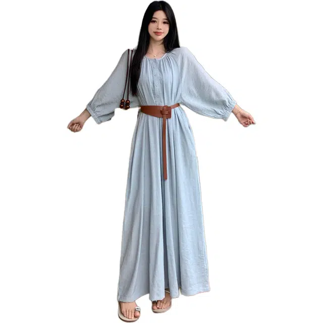 沐晓欣 小众设计感海边度假风宽松气质长裙收腰遮肚长裙长袖连衣裙 女款