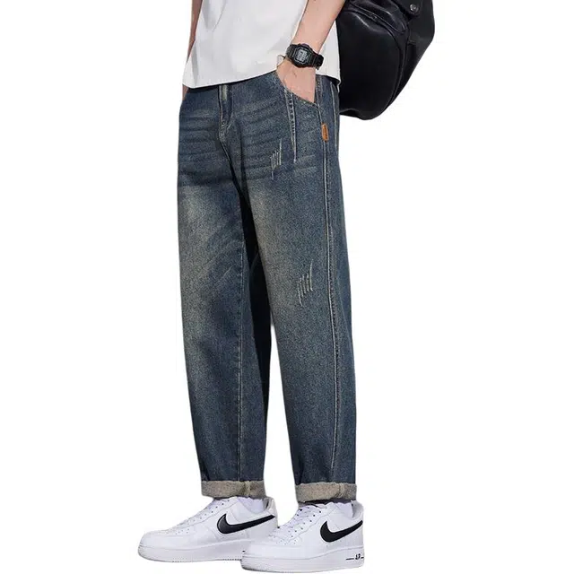 协协乐 复古水洗春秋季直筒宽松阔腿美式潮牌高街哈伦百搭运动九分长裤子牛仔裤 男款