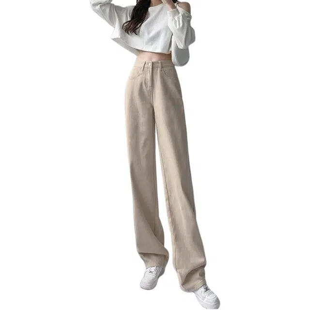 怪力萝莉 宽松高腰直筒学院风牛仔裤 女款 卡其色