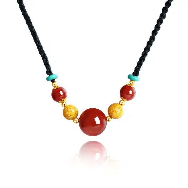 央创时尚 中国黄金【珠事圆满】转运珠锁骨链 鸿运呈祥新中式轻奢国潮小众设计国潮简约民族风编绳#好运再造辰砂 朱砂 玉石项链 女款