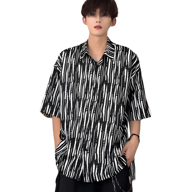 单爵 斑马纹痞帅防晒运动宽松百搭短袖衬衫 男女同款