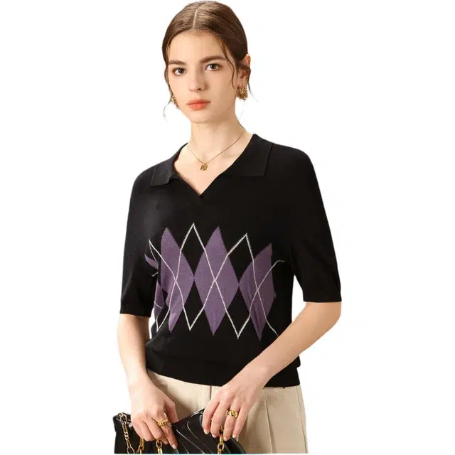 粉红玛琍 简约套头翻领针织衫 女款 黑色