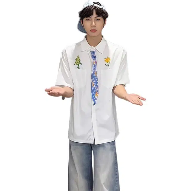 单爵 手绘涂鸦领带少年感穿搭设计感小众短袖衬衫 男女同款