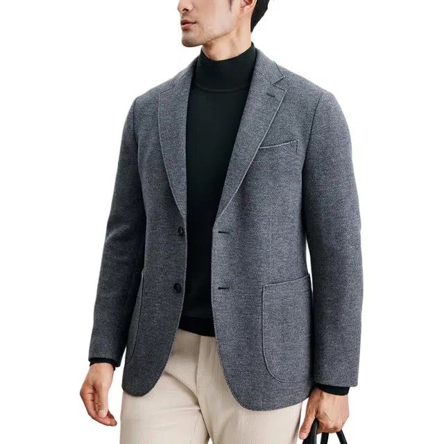 丹宁哲学 厚款人字纹针织羊毛长袖平驳领标准便服单西西装 男款
