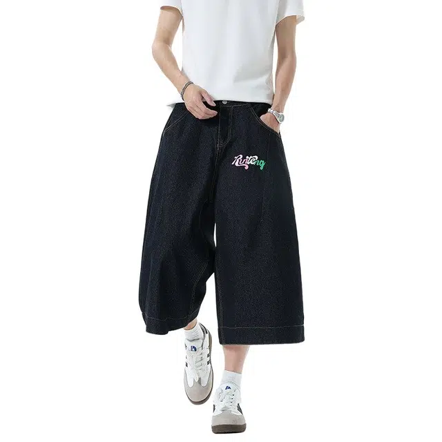 佐菲利 字母印花卷边格纹拼接七分裤高腰直筒潮牌裤设计感阔腿裤牛仔短裤 男女同款