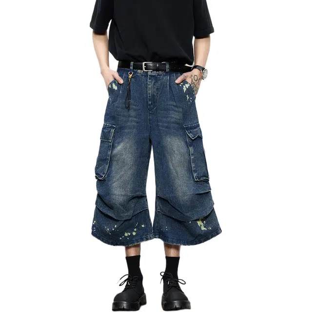 佐菲利 美式街头涂鸦七分裤宽松复古多口袋褶皱直筒阔腿工装牛仔短裤 男款