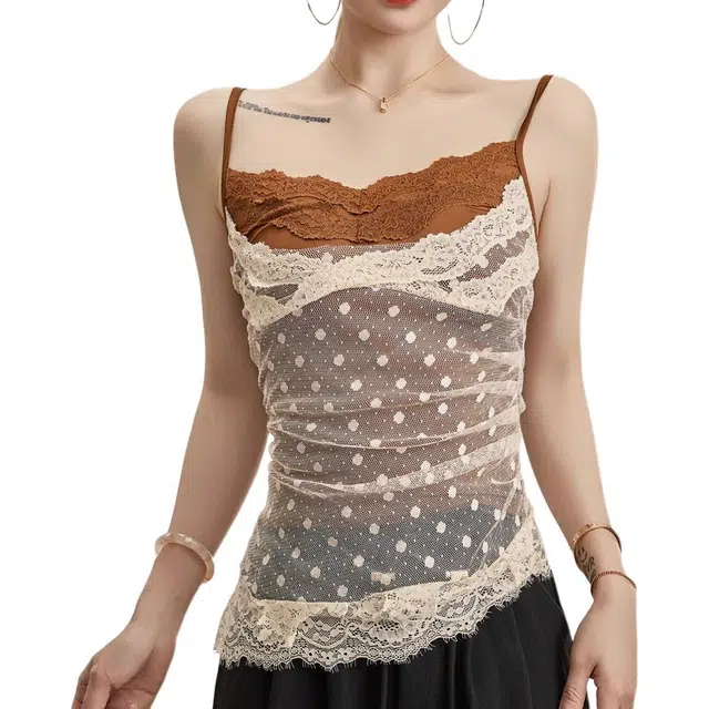 小卷要加油 美式不规则假两件蕾丝拼接背心女夏季设计感小众修身显瘦上衣吊带 女款