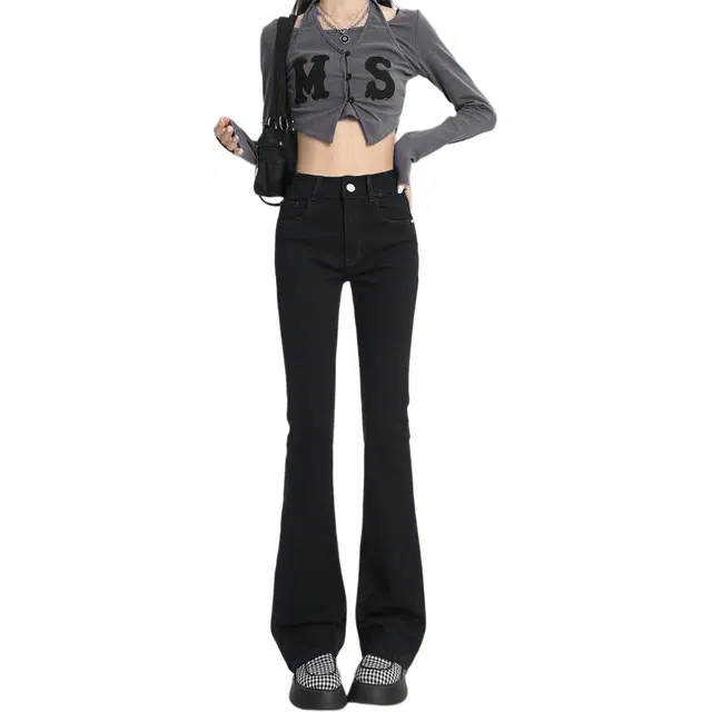 惟熙 纯色拉链高腰喇叭牛仔裤 女款 黑色