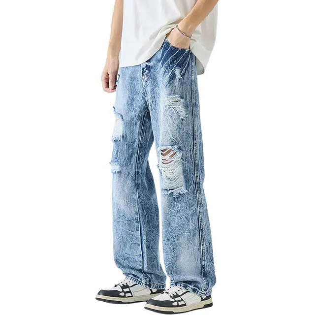 么宁 闪电纹设计感破洞裤美式高街水洗宽松直筒舒适百搭个性痞帅牛仔裤 男女同款