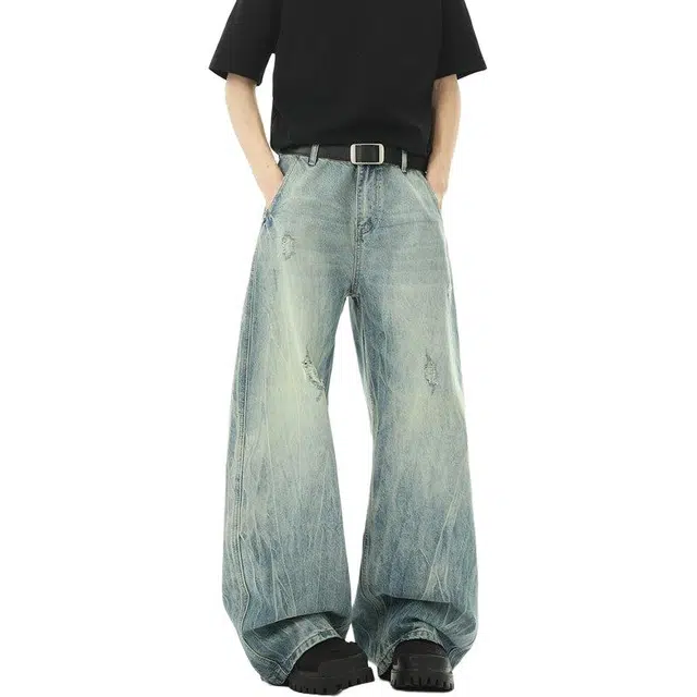 佐菲利 美式复古高街纯色水洗做旧工艺破洞闪电纹设计潮流弯刀牛仔裤 男女同款