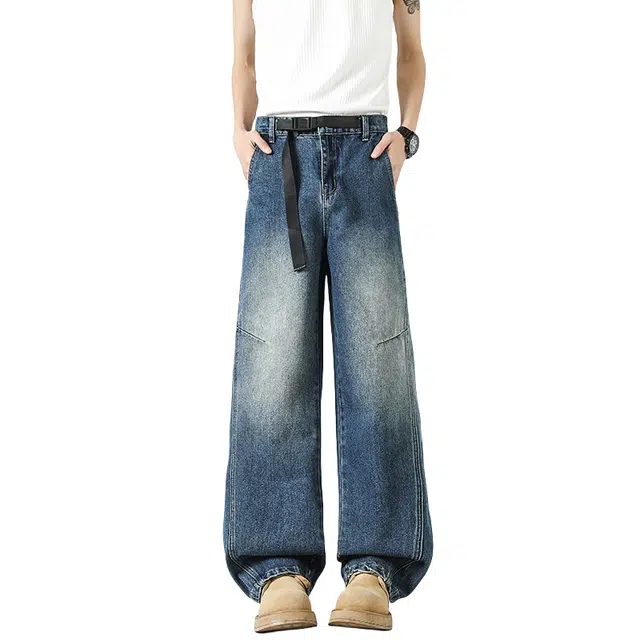 木林森 美式街头复古水洗做旧时尚百搭休闲宽松直筒牛仔裤 男女同款 蓝色