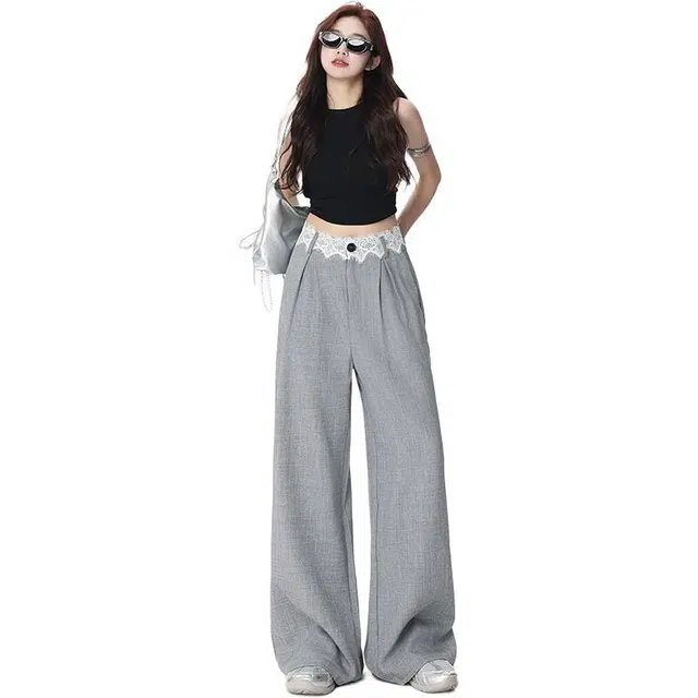 玫丝朵 美式复古蕾丝拼接高级感百搭宽松直筒垂感休闲裤 女款