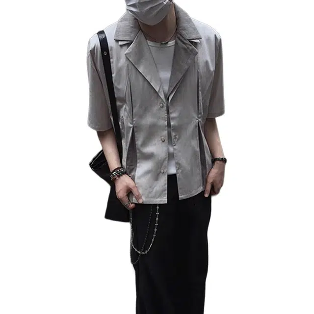 拓菲 解构几何西装领假两件短袖衬衫 男女同款
