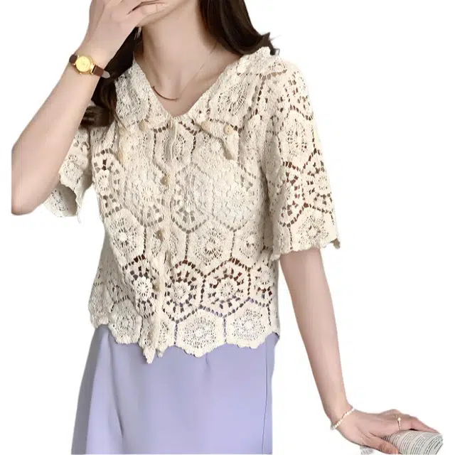 沐晓欣 勾花镂空开衫女外搭年春夏短袖防晒衣薄款披肩短外套针织衫 女款