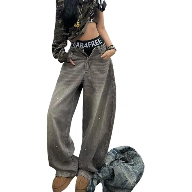 物质公式 美式高街复古潮牌重工水洗做旧弯刀裤时尚百搭宽松休闲牛仔裤 男女同款