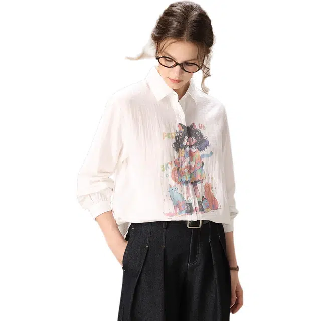 粉红玛琍 卡通宽松舒适长袖衬衫 女款 白色