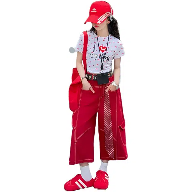 天才小熊休闲运动套装 女童夏季大童潮牌小孩衣服 小女孩 短袖 宽松 舒适 洋气时髦 漂亮 甜美