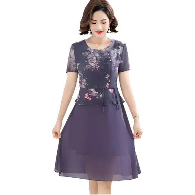 缪斯的诱惑 妈妈装优雅阔太太气质显瘦大码减龄修身碎花假两件短袖连衣裙 女款